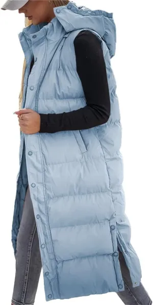 Tankaneo Women's Sleeveless Long Quilted Vest Hooded Button Down Puff Vest Cotton Padded Jacket Winter Outerwear