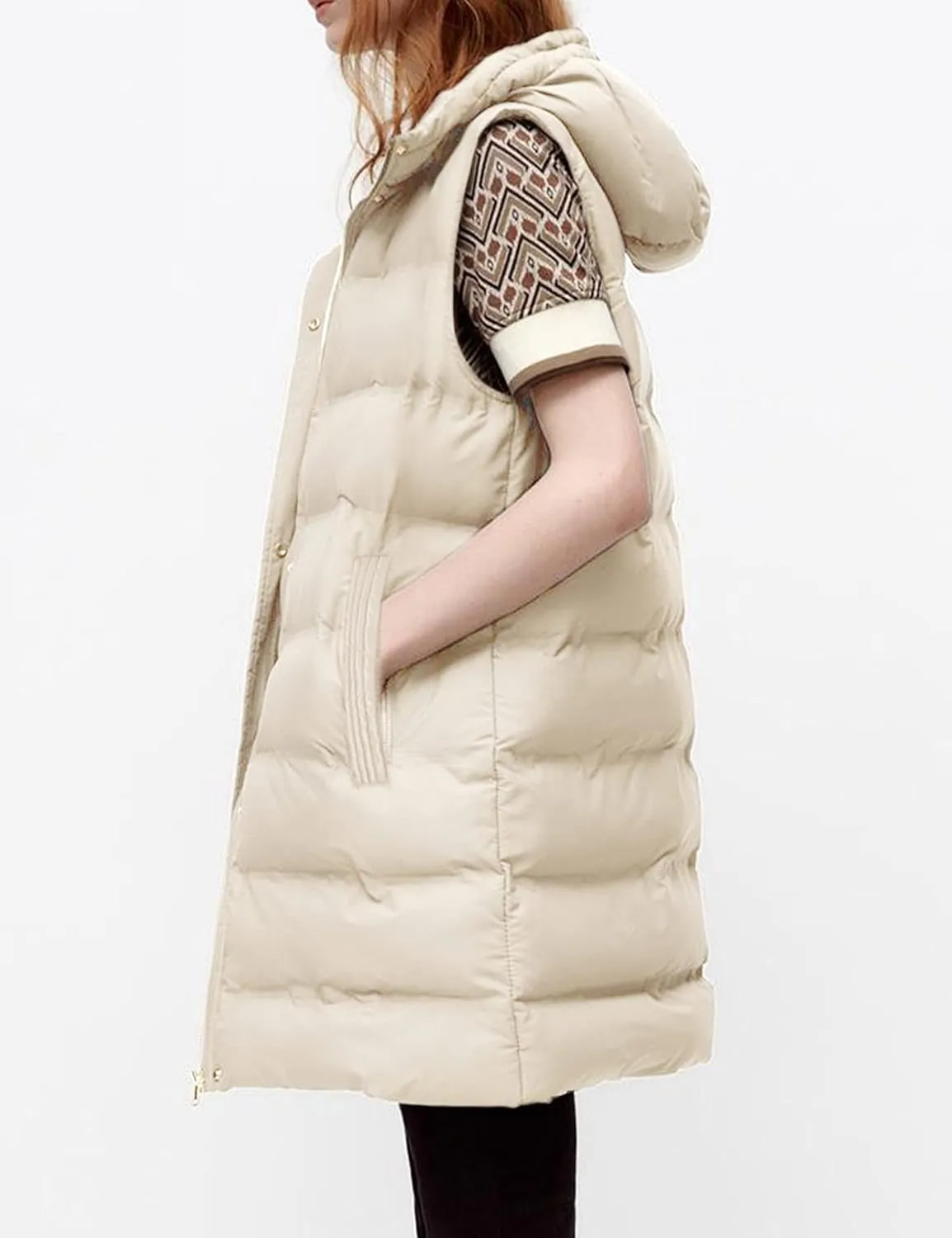 Tanming Women's Long Puffer Vest Casual Sleeveless Puffy Jacket with Removable Hood