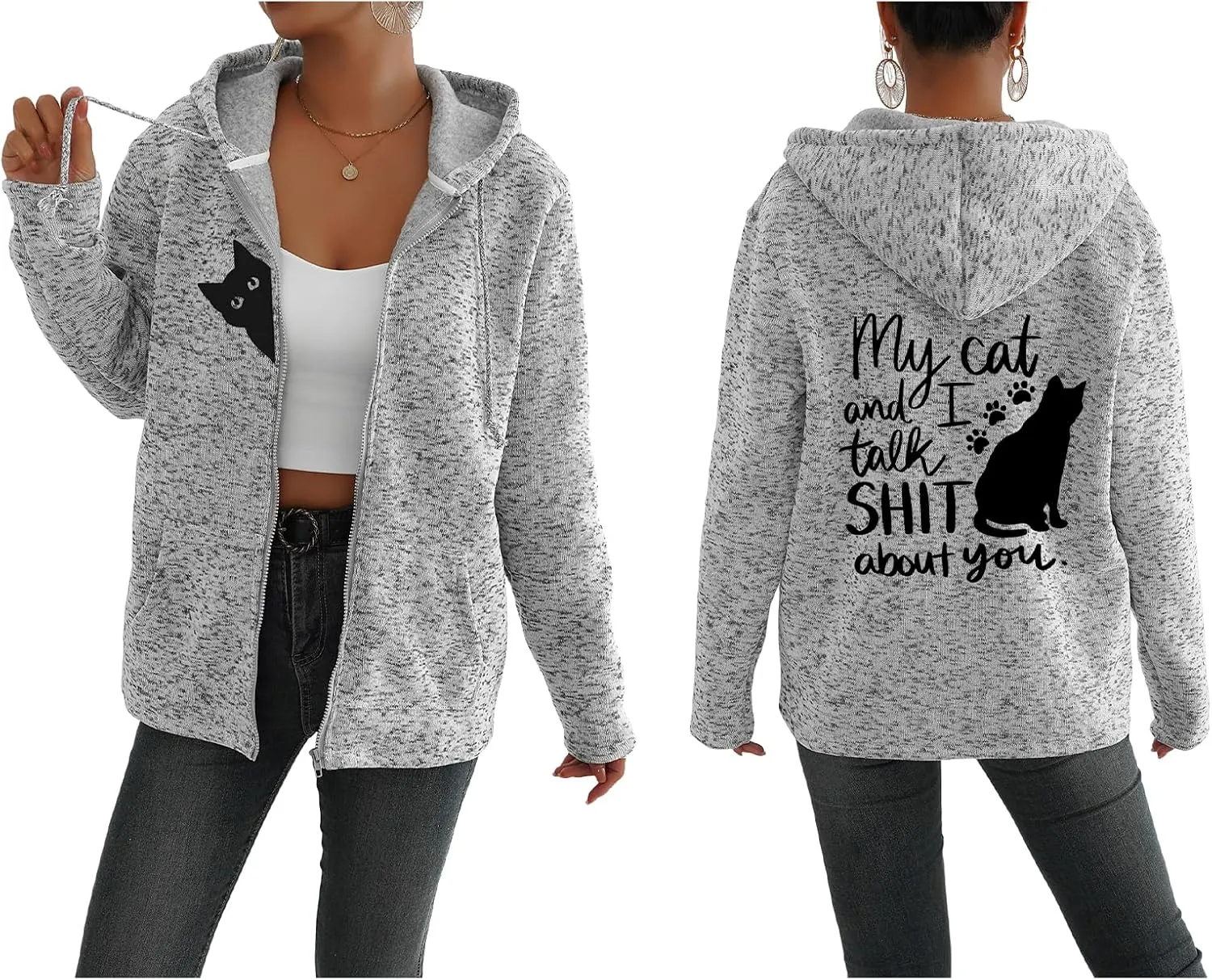 TIAFORD Women's Cat Graphic Zip Up Hoodies Oversized Hooded Sweatshirts Fleece Lined Jackets Cute Outfits with Pockets