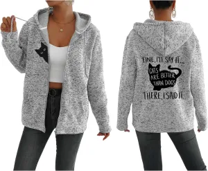 TIAFORD Women's Cat Graphic Zip Up Hoodies Oversized Hooded Sweatshirts Fleece Lined Jackets Cute Outfits with Pockets