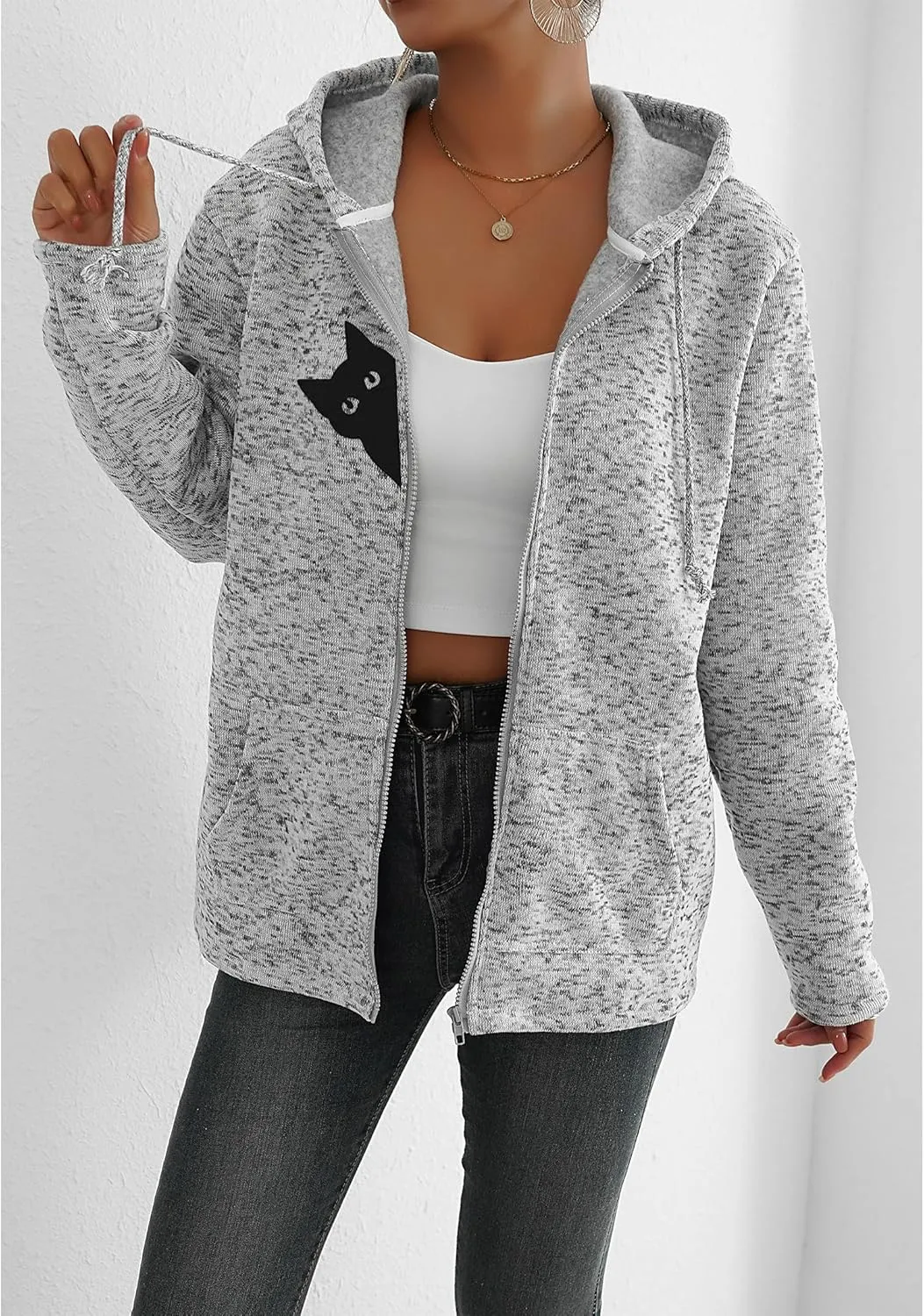 TIAFORD Women's Cat Graphic Zip Up Hoodies Oversized Hooded Sweatshirts Fleece Lined Jackets Cute Outfits with Pockets