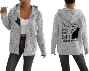 TIAFORD Women's Cat Graphic Zip Up Hoodies Oversized Hooded Sweatshirts Fleece Lined Jackets Cute Outfits with Pockets