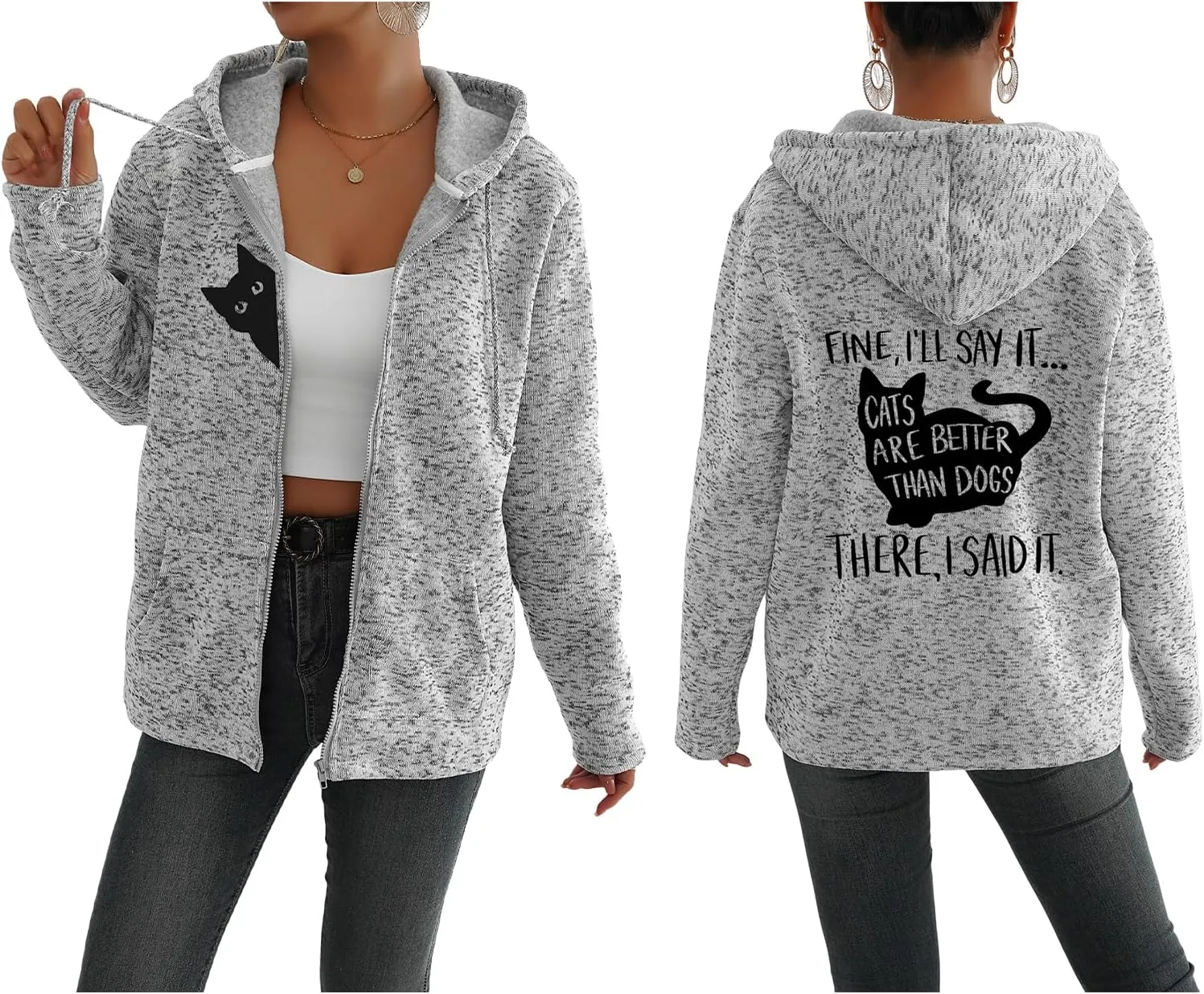 TIAFORD Women's Cat Graphic Zip Up Hoodies Oversized Hooded Sweatshirts Fleece Lined Jackets Cute Outfits with Pockets