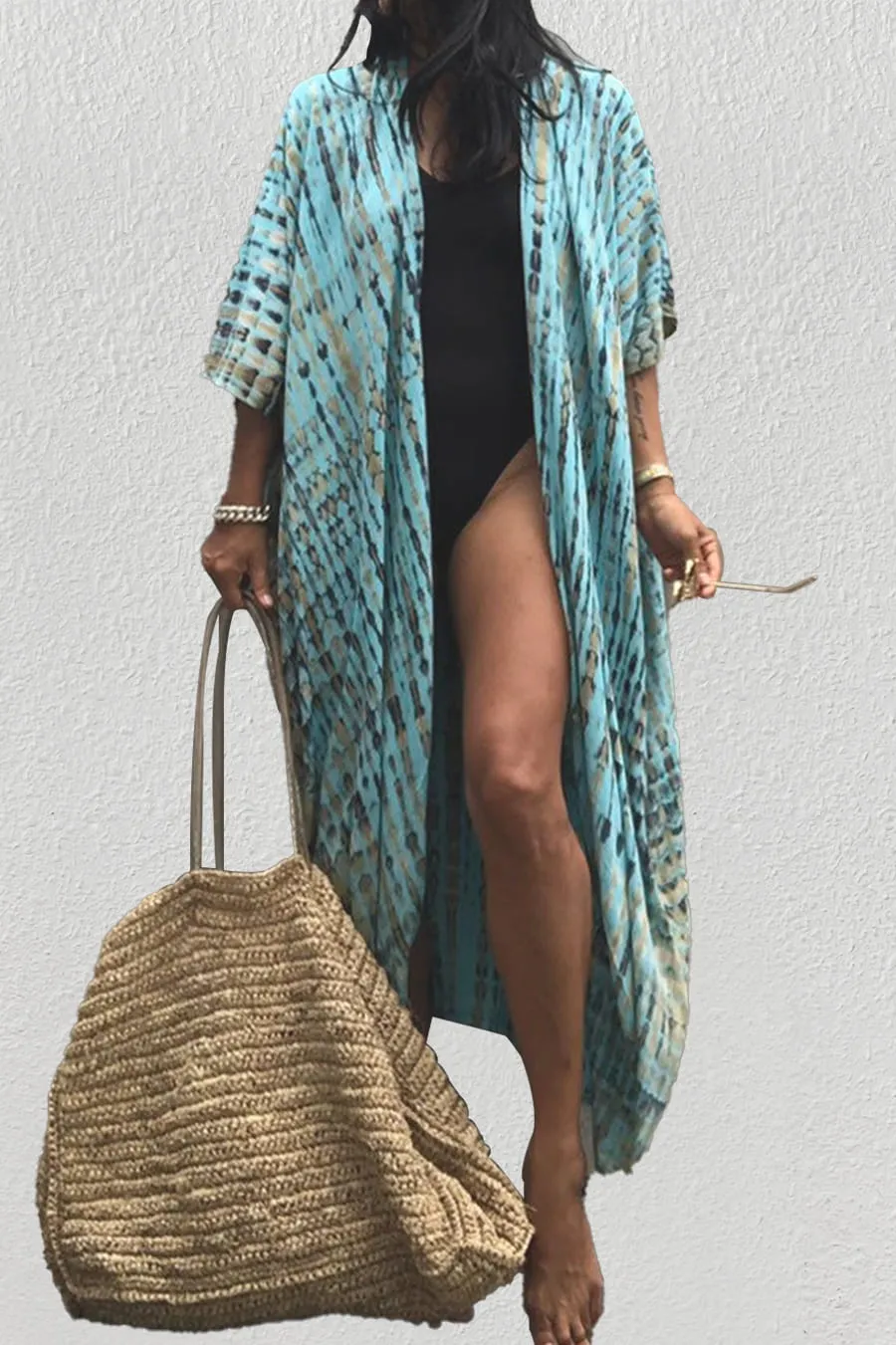 Tie Dye Cape Beach Black Cardigan Kimono