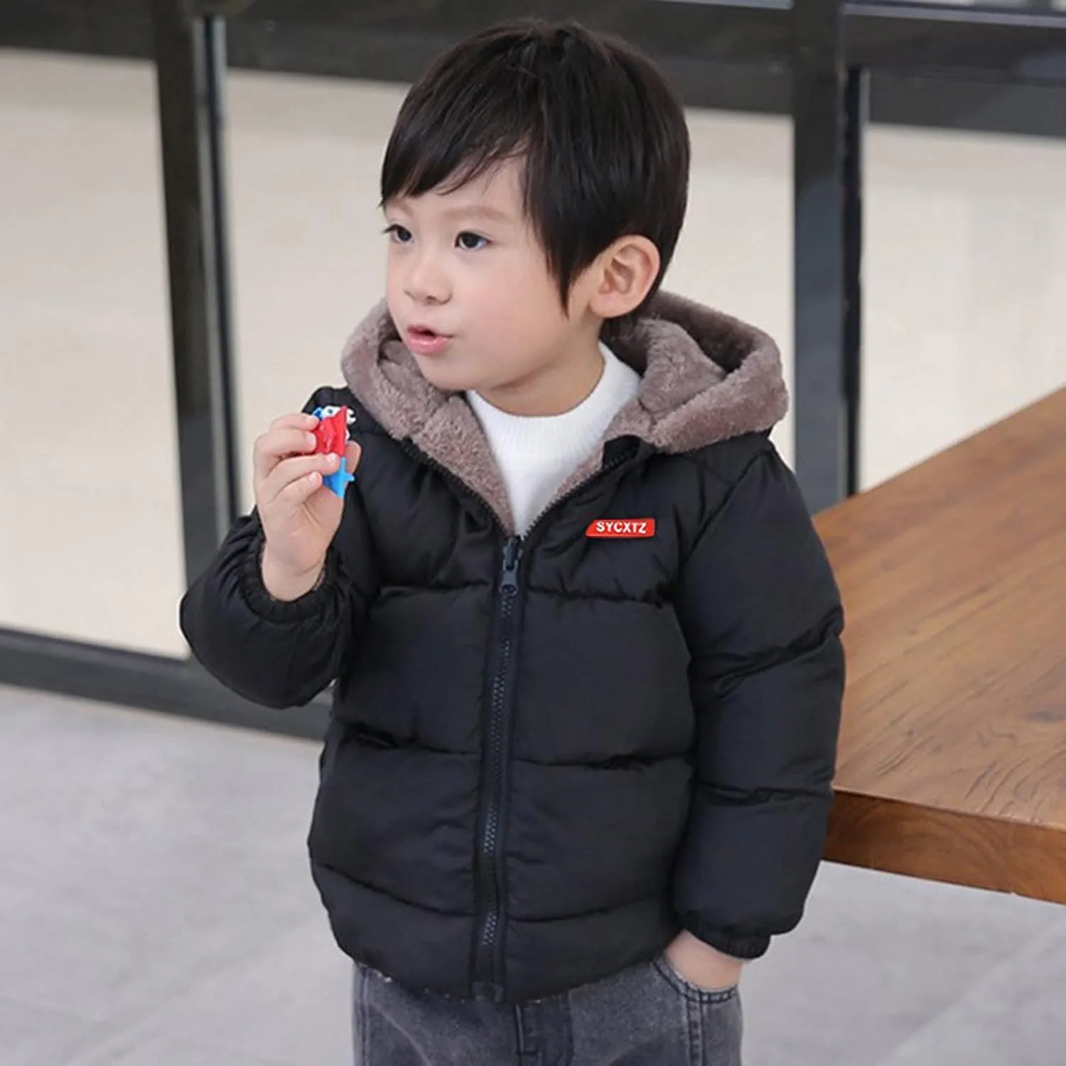 Toddler Boys Girls Winter Coat Bear Ears Hooded Jacket Two 1-5Years Old Kids Fleece Thicken Hoodie Outerwear