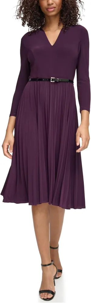 Tommy Hilfiger Women's Long Sleeve Jersey Midi Dress with Pleated Skirt