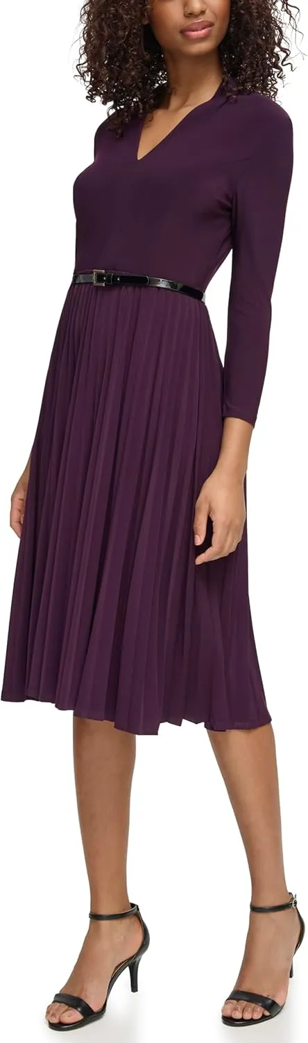 Tommy Hilfiger Women's Long Sleeve Jersey Midi Dress with Pleated Skirt