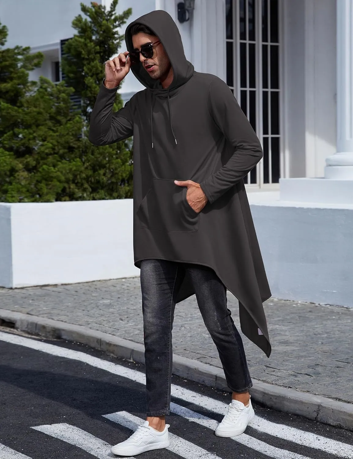 TURETRENDY Men's Hooded Cloak Casual Long Pullover Hoodie Cape Hip Hop Sweatshirt with Pocket