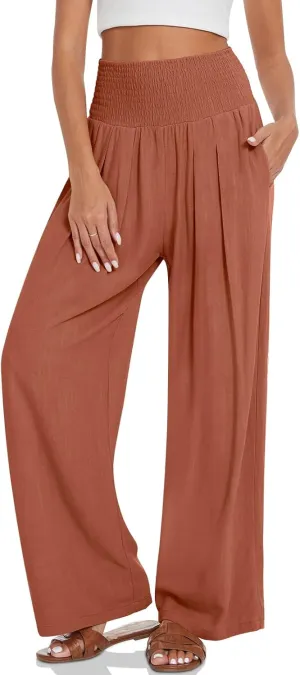 UEU Women's Linen Palazzo Pants Wide Leg High Waisted Lounge Casual Beach Pants with Pockets