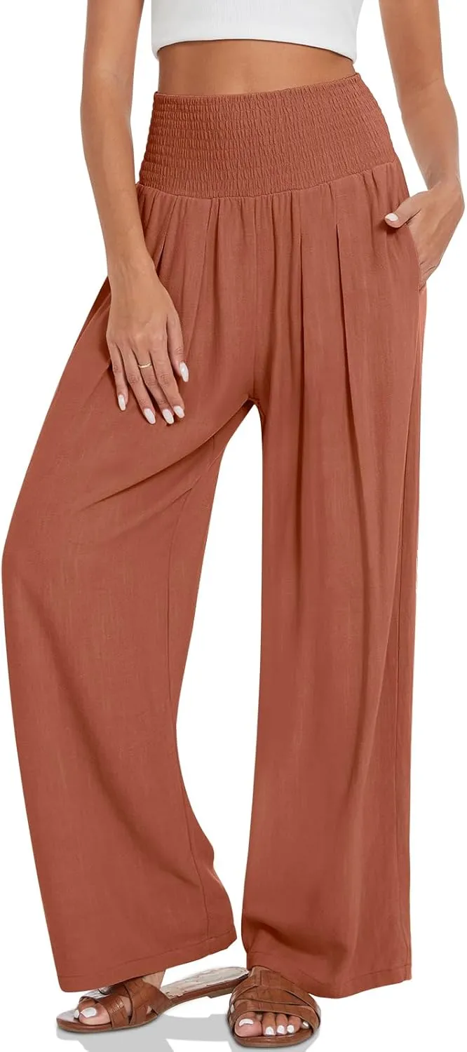 UEU Women's Linen Palazzo Pants Wide Leg High Waisted Lounge Casual Beach Pants with Pockets