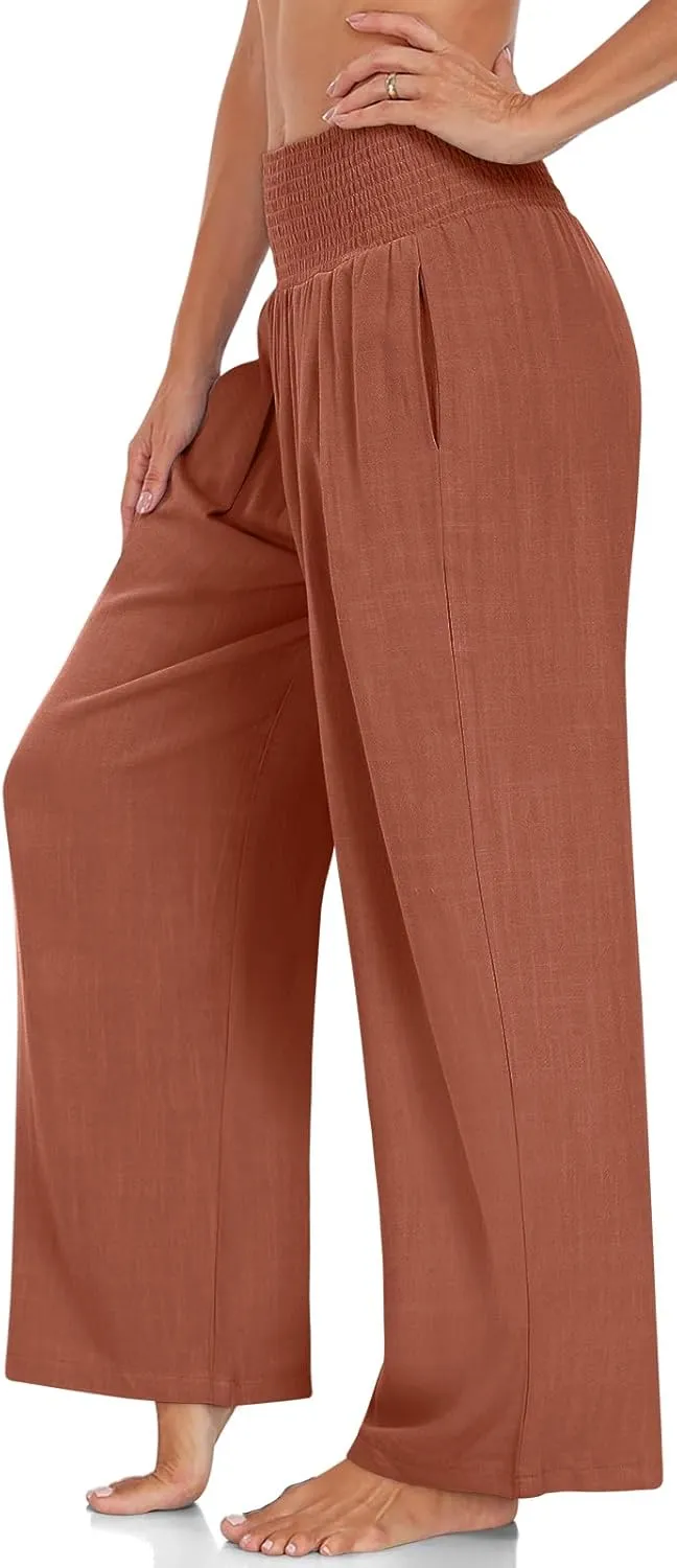 UEU Women's Linen Palazzo Pants Wide Leg High Waisted Lounge Casual Beach Pants with Pockets