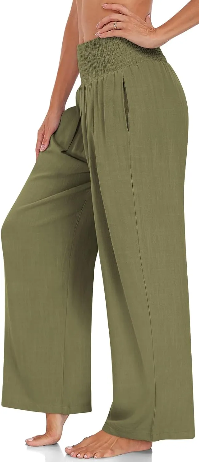 UEU Women's Linen Palazzo Pants Wide Leg High Waisted Lounge Casual Beach Pants with Pockets