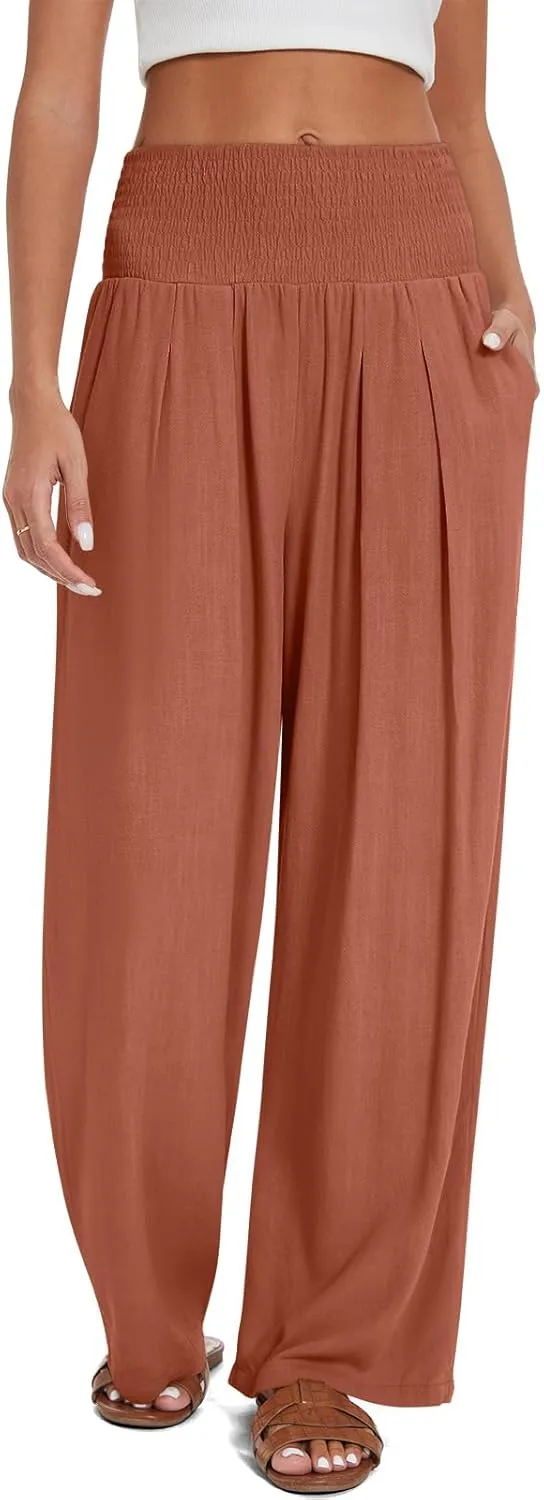 UEU Women's Linen Palazzo Pants Wide Leg High Waisted Lounge Casual Beach Pants with Pockets