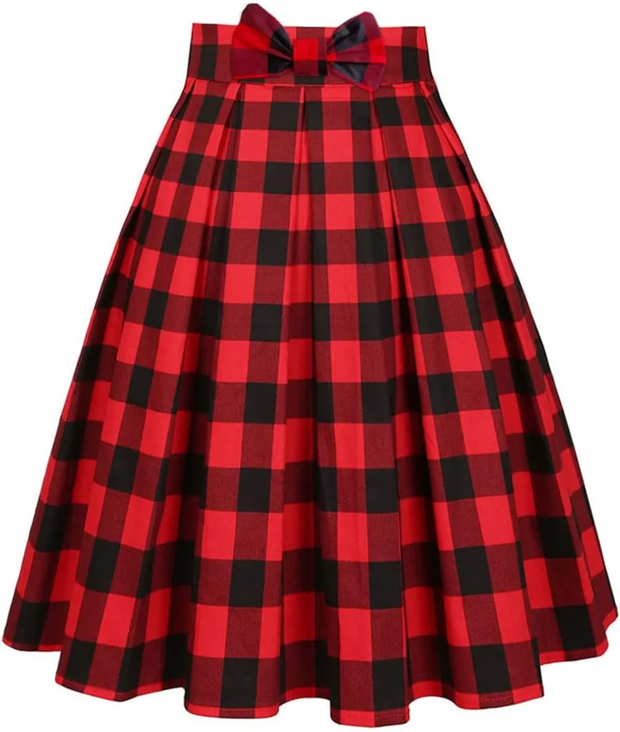 Valentine's Day Festival Rose Floral Print Black Skirt High Waist Vintage Cotton Midi Pleated Skirt Black Red Plaid Y M