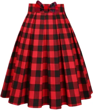 Valentine's Day Festival Rose Floral Print Black Skirt High Waist Vintage Cotton Midi Pleated Skirt Black Red Plaid Y M