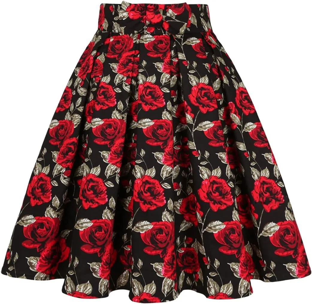 Valentine's Day Festival Rose Floral Print Black Skirt High Waist Vintage Cotton Midi Pleated Skirt Black Rose Y M