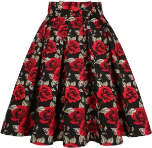 Valentine's Day Festival Rose Floral Print Black Skirt High Waist Vintage Cotton Midi Pleated Skirt Black Rose Y M