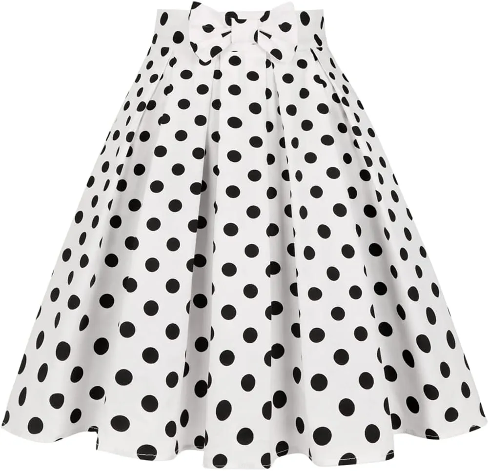 Valentine's Day Festival Rose Floral Print Black Skirt High Waist Vintage Cotton Midi Pleated Skirt White Dots Y XXL