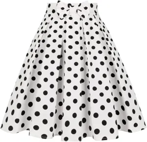 Valentine's Day Festival Rose Floral Print Black Skirt High Waist Vintage Cotton Midi Pleated Skirt White Dots Y XXL