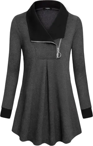 VALOLIA Women's Casual Swing Sweatshirt Long Sleeve Zipper Lapel Fashion Pullover Tunic