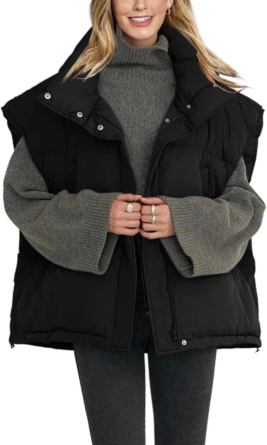Veatzaer Womens Oversized Puffer Vest Outerwear Stand Collar Drawstring Hem Sleeveless Jackets Zip Warm Winter Coats