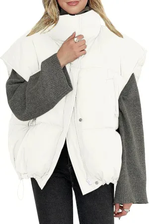 Veatzaer Womens Oversized Puffer Vest Outerwear Stand Collar Drawstring Hem Sleeveless Jackets Zip Warm Winter Coats