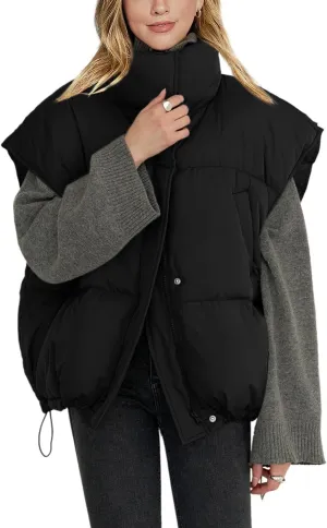 Veatzaer Womens Oversized Puffer Vest Outerwear Stand Collar Drawstring Hem Sleeveless Jackets Zip Warm Winter Coats