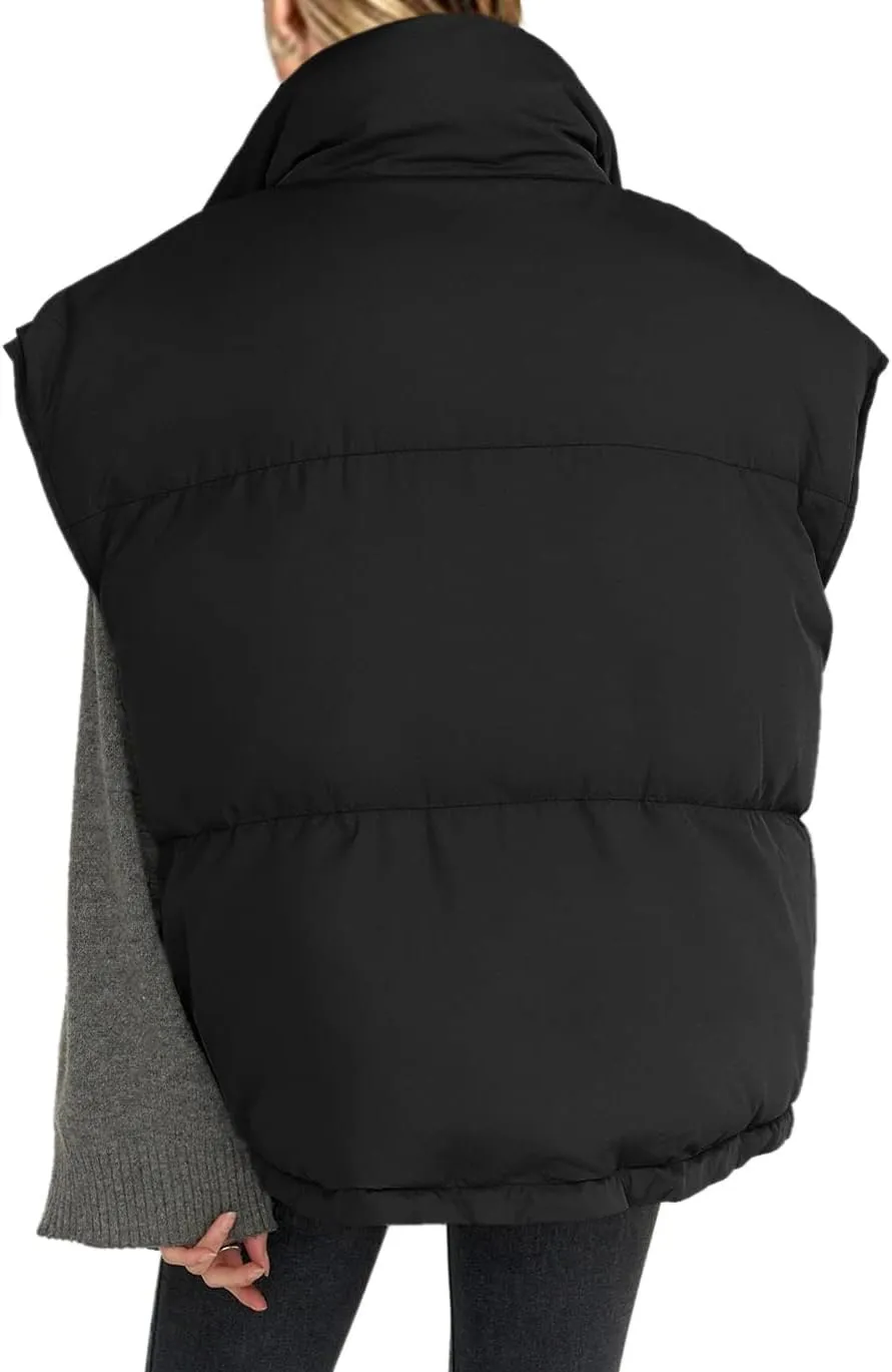 Veatzaer Womens Oversized Puffer Vest Outerwear Stand Collar Drawstring Hem Sleeveless Jackets Zip Warm Winter Coats