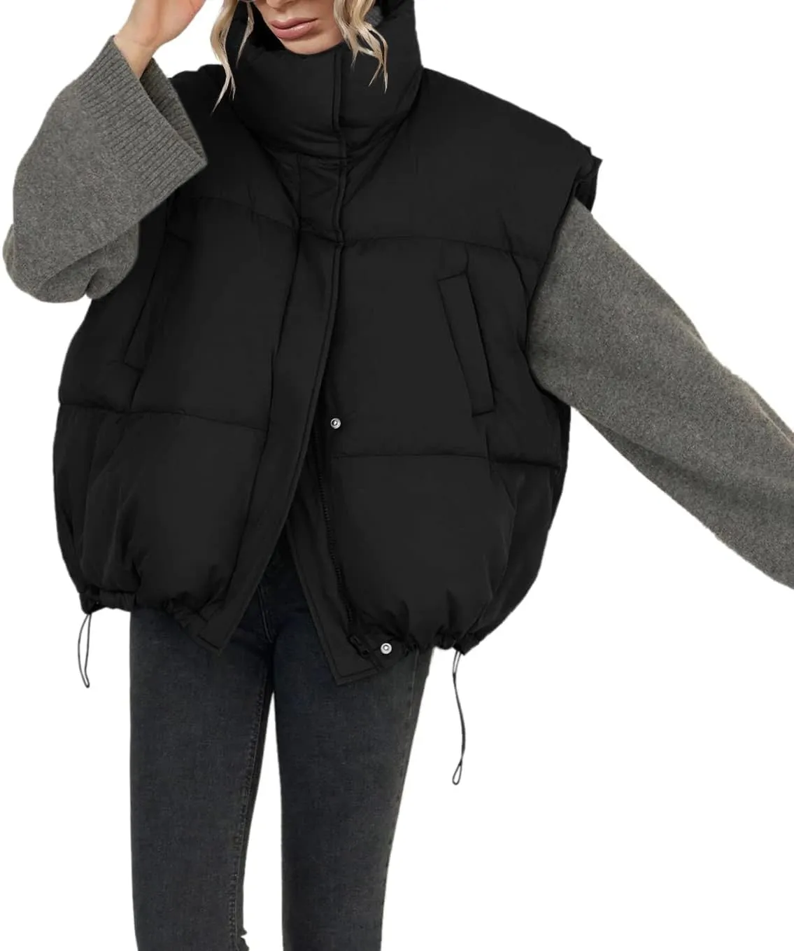 Veatzaer Womens Oversized Puffer Vest Outerwear Stand Collar Drawstring Hem Sleeveless Jackets Zip Warm Winter Coats