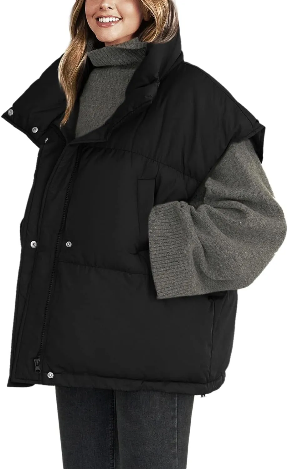 Veatzaer Womens Oversized Puffer Vest Outerwear Stand Collar Drawstring Hem Sleeveless Jackets Zip Warm Winter Coats
