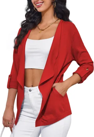 VERABENDI Womens Sweaters 3/4 Roll Sleeve Drawstring Waist Lapel Cardigan for Women with Pockets, S-XL
