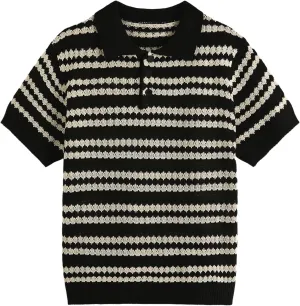 Verdusa Men's Colorblock Stripe Short Sleeve Collared Sweater Button Up Knit Tops