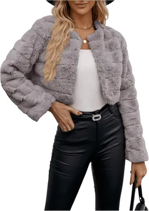 Verdusa Women's Faux Fur Cropped Jacket Solid Open Front Long Sleeve Outerwear Flannel Fuzzy Crop Coat