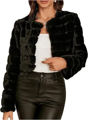 Verdusa Women's Faux Fur Cropped Jacket Solid Open Front Long Sleeve Outerwear Flannel Fuzzy Crop Coat