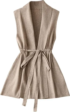 Verdusa Women's Plus Size Drawstring Tie Waist Sleeveless Cardigans Shawl Neck Flare Knit Outwear