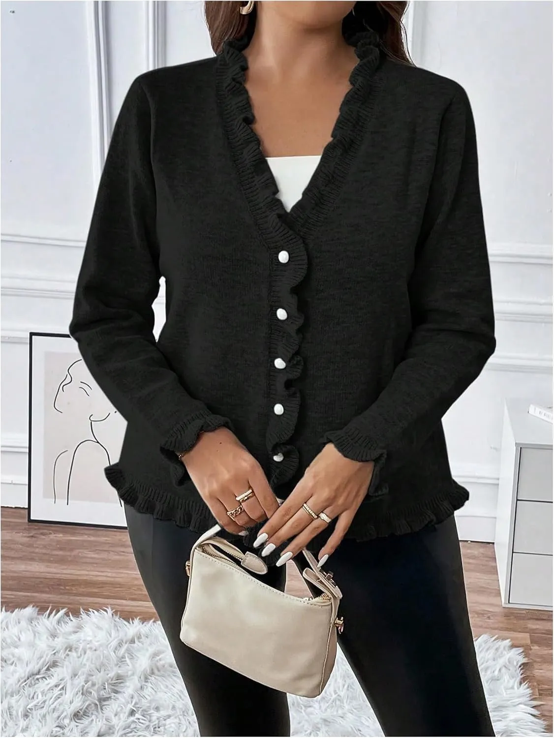 Verdusa Women's Plus Size Ruffle Trim Long Sleeve Button Front Cardigan Sweater