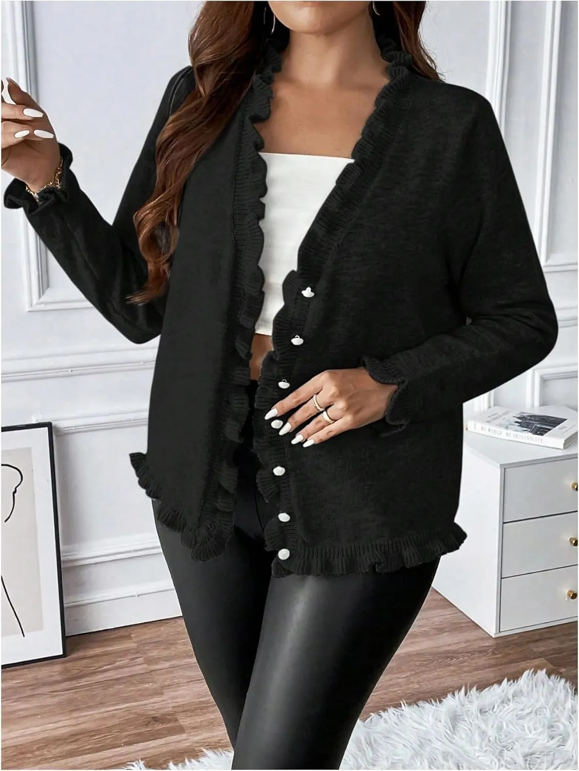 Verdusa Women's Plus Size Ruffle Trim Long Sleeve Button Front Cardigan Sweater