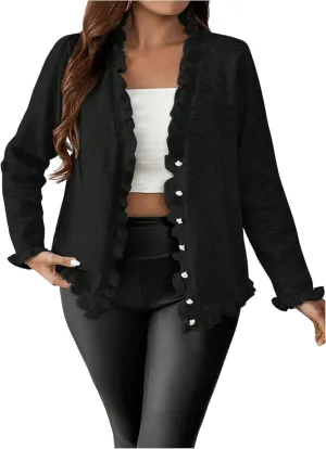 Verdusa Women's Plus Size Ruffle Trim Long Sleeve Button Front Cardigan Sweater