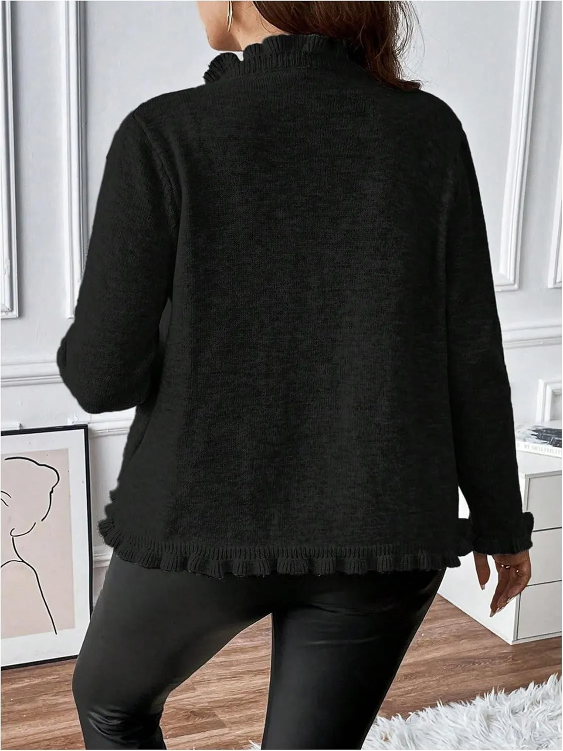 Verdusa Women's Plus Size Ruffle Trim Long Sleeve Button Front Cardigan Sweater