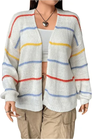 Verdusa Women's Plus Size Striped Long Sleeve Open Front Loose Knitted Cardigan Sweater