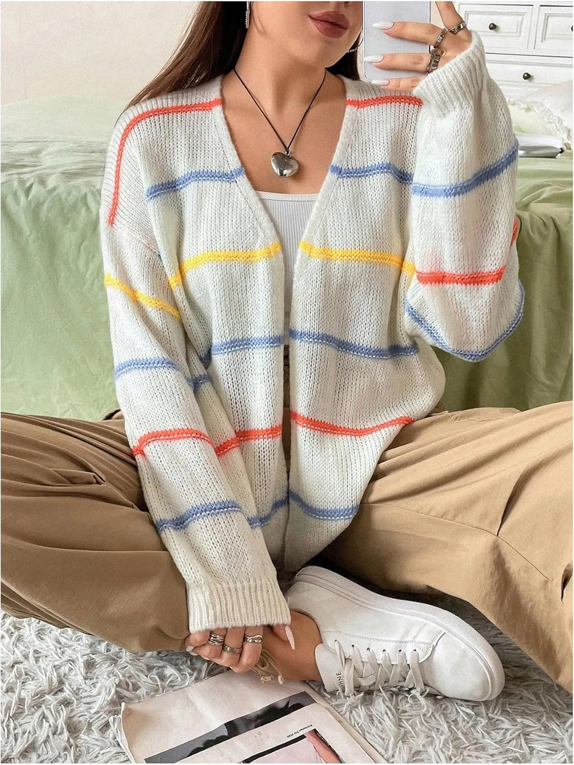 Verdusa Women's Plus Size Striped Long Sleeve Open Front Loose Knitted Cardigan Sweater