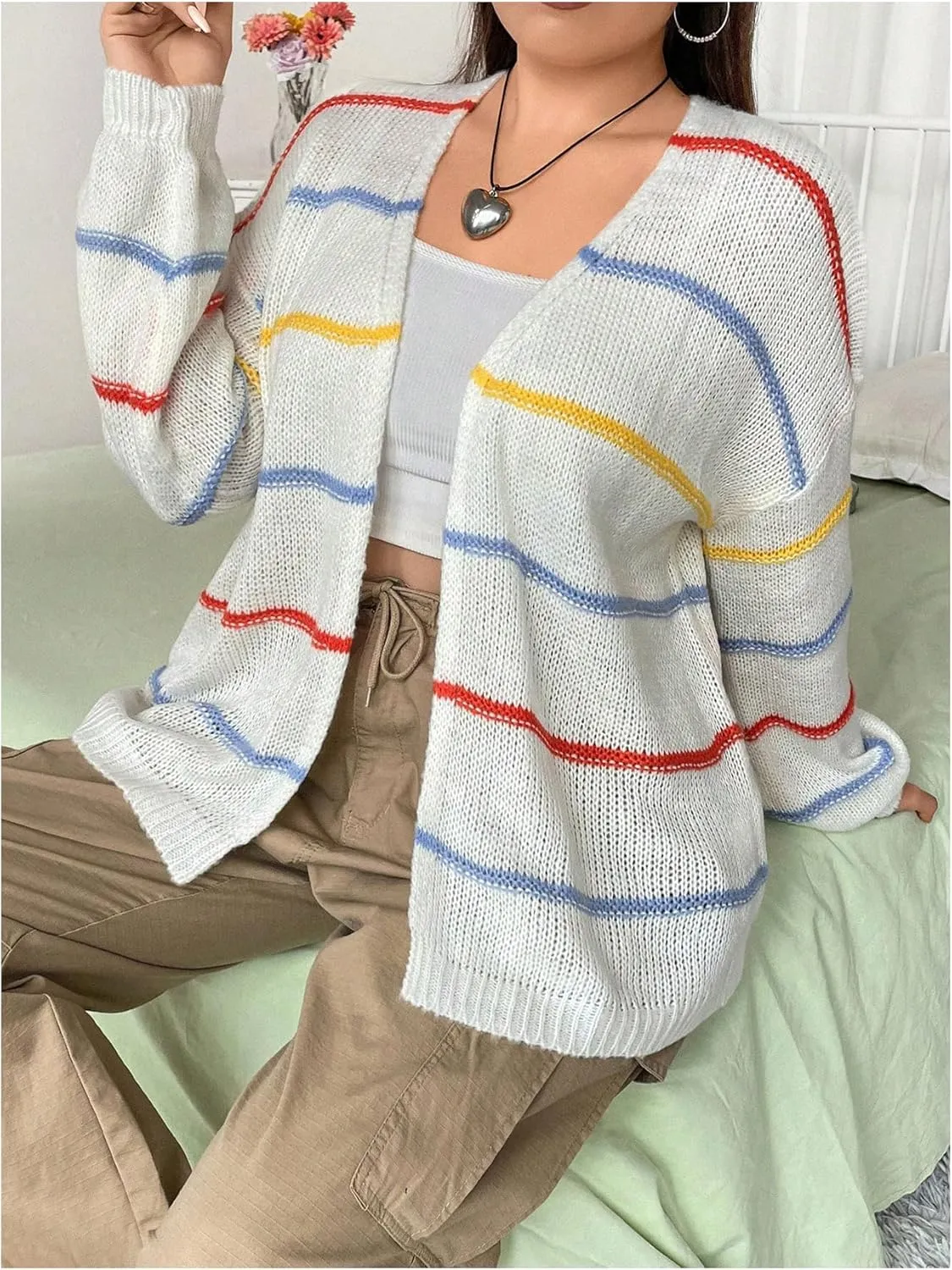 Verdusa Women's Plus Size Striped Long Sleeve Open Front Loose Knitted Cardigan Sweater