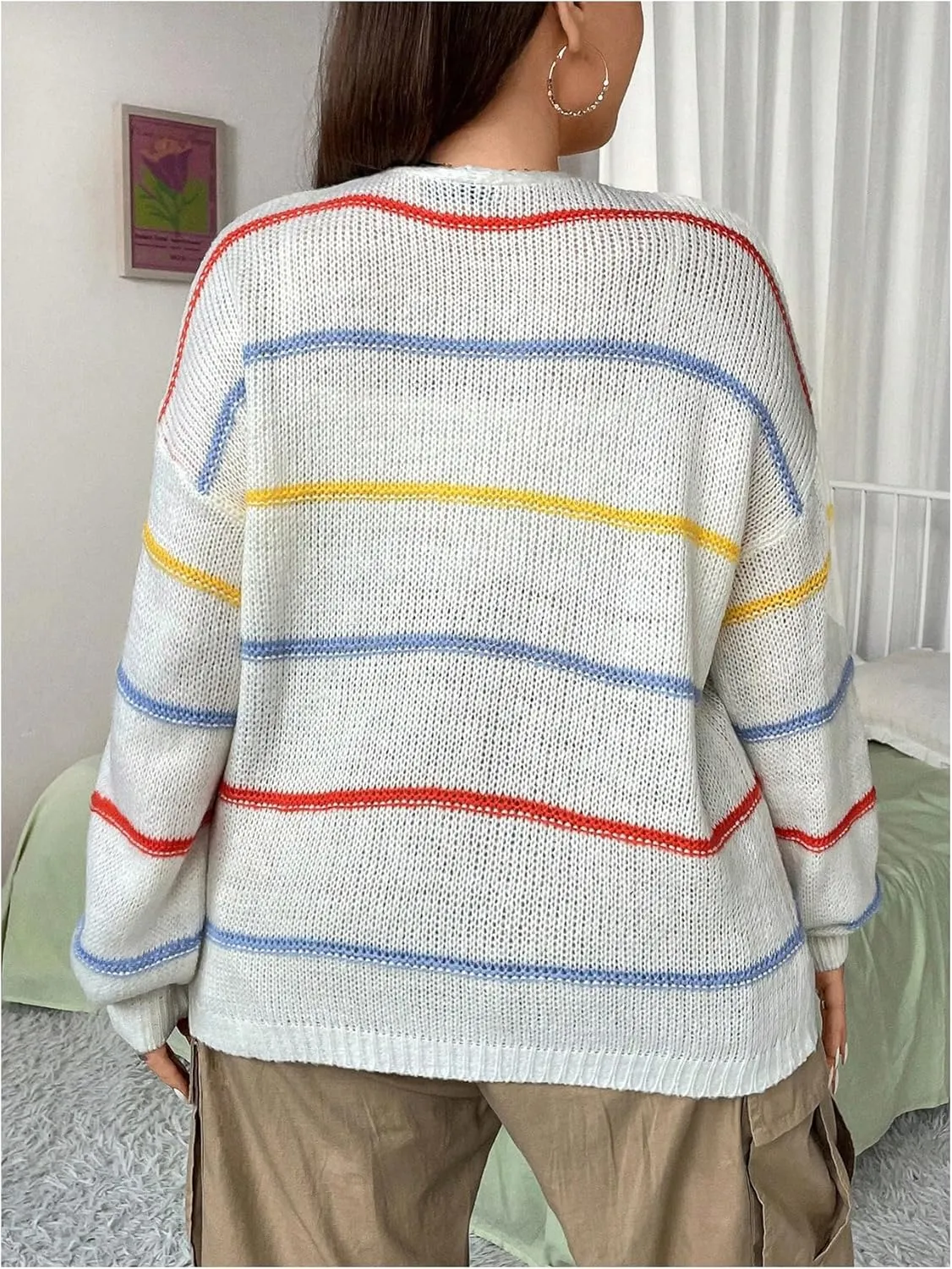 Verdusa Women's Plus Size Striped Long Sleeve Open Front Loose Knitted Cardigan Sweater