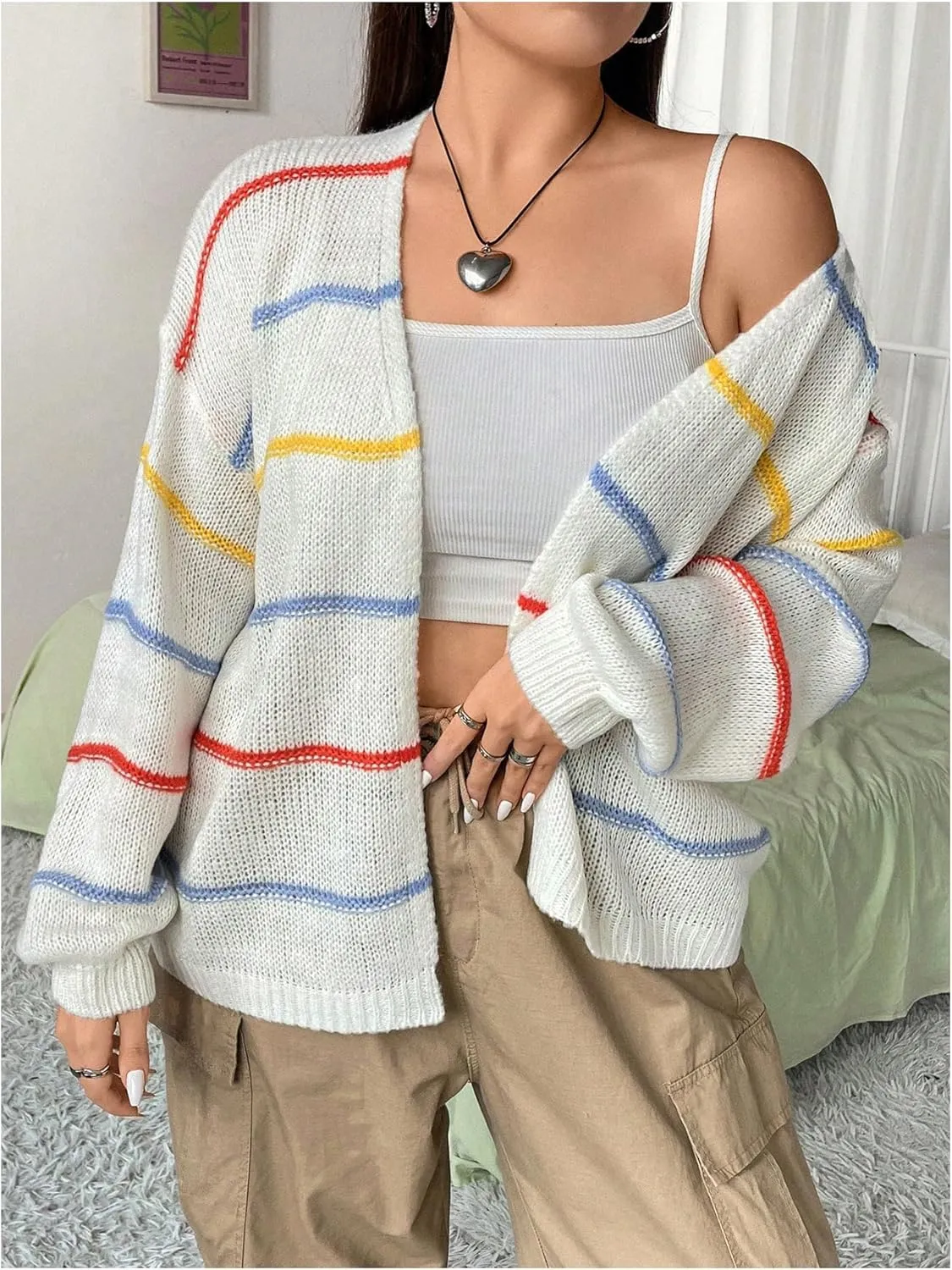Verdusa Women's Plus Size Striped Long Sleeve Open Front Loose Knitted Cardigan Sweater