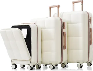 Versatile 3-Piece Luggage Set with USB Port and Front Opening Design, Durable ABS Hard Shell, Spinner Wheels, White