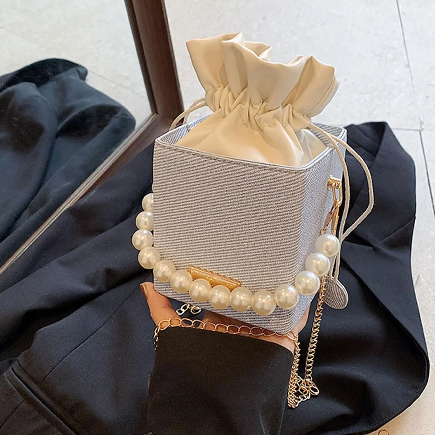 Versatile Bucket Bag for Women Shoulder Bags with Detachable Chain Strap Evening Purse Top Handle Bag Handbag