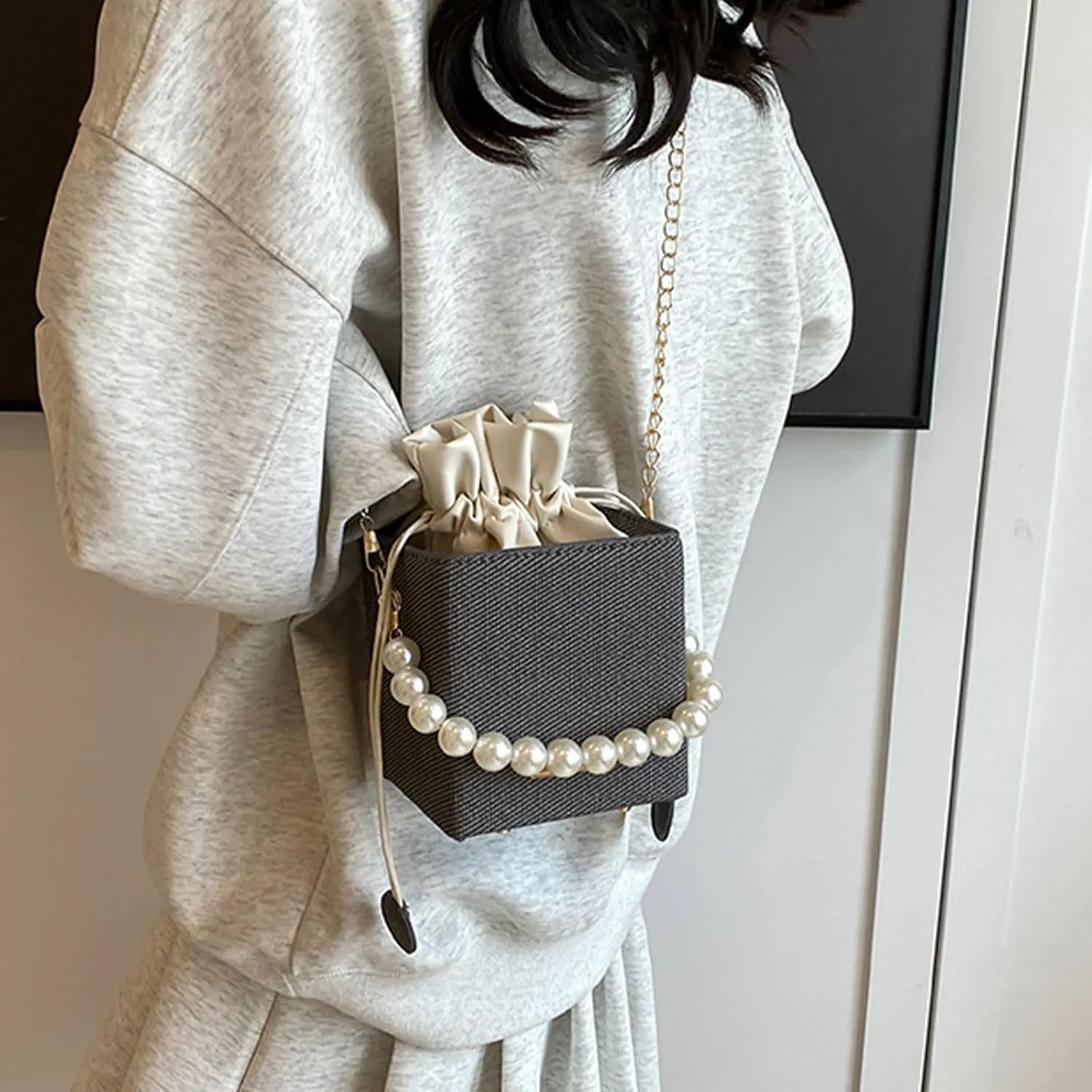 Versatile Bucket Bag for Women Shoulder Bags with Detachable Chain Strap Evening Purse Top Handle Bag Handbag