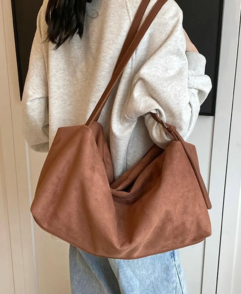 Versatile Suede Shoulder Bag for Women Large Capacity Hobo Bag Causal Satchel Purse Retro Crossbody Bag with Adjustable Strap