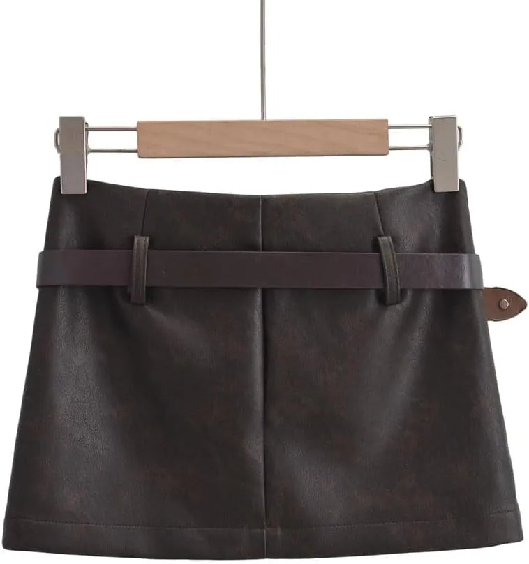 Vintage Harajuku Mini Skirts for Women Solid Pu Faux Leather Party Pencil Skirt with Belt