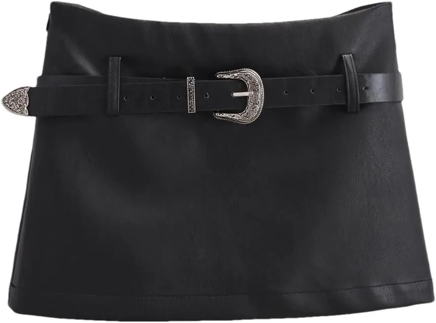 Vintage Harajuku Mini Skirts for Women Solid Pu Faux Leather Party Pencil Skirt with Belt
